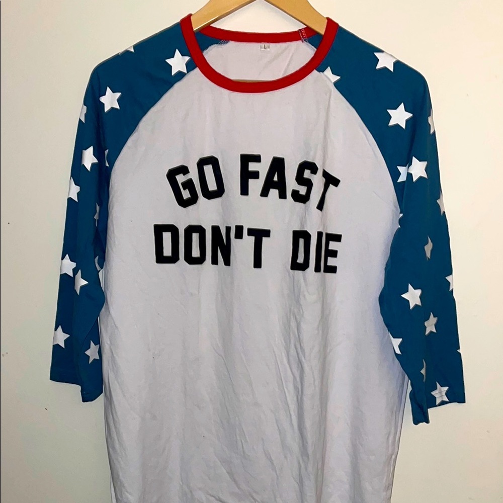 Blue and White Star Sleeve Raglan Tee Size Large